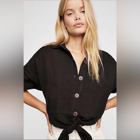 Free People Tops - Free People Black Tie Waist Blouse Size Medium